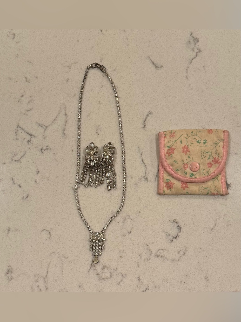 Vintage Rhinestone Silver Tone Necklace And Clip Earrings Set